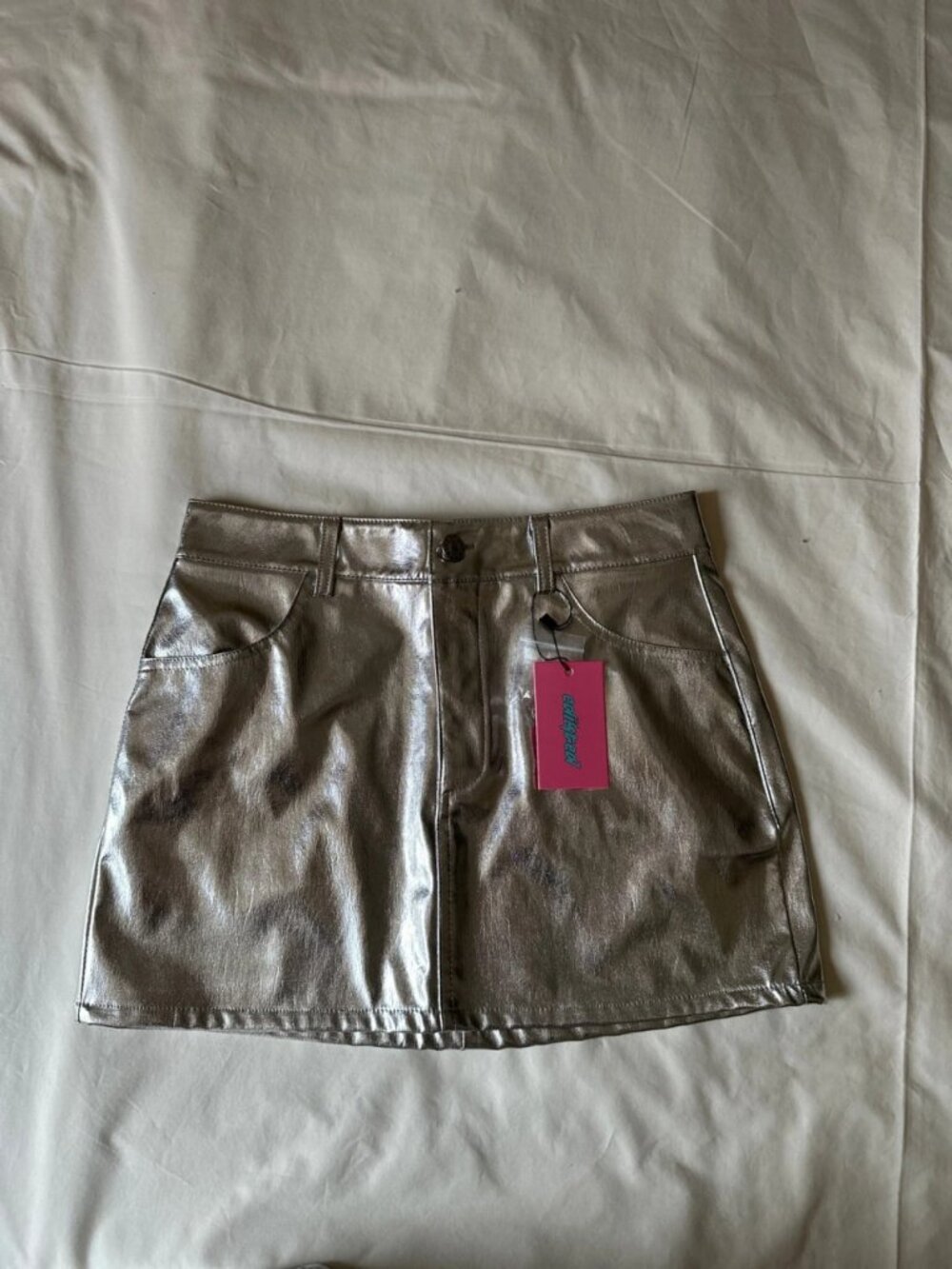 Silver Metallic High Waist Faux Leather Mini Skirt XS